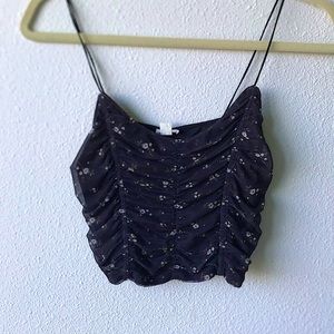 Black crop top with small flowers and gathering